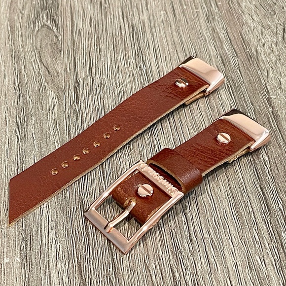 Brown Grain Leather Strap Fitbit Charge 5 Band Rose Gold Jewelry Women Bracelet - Picture 3 of 8